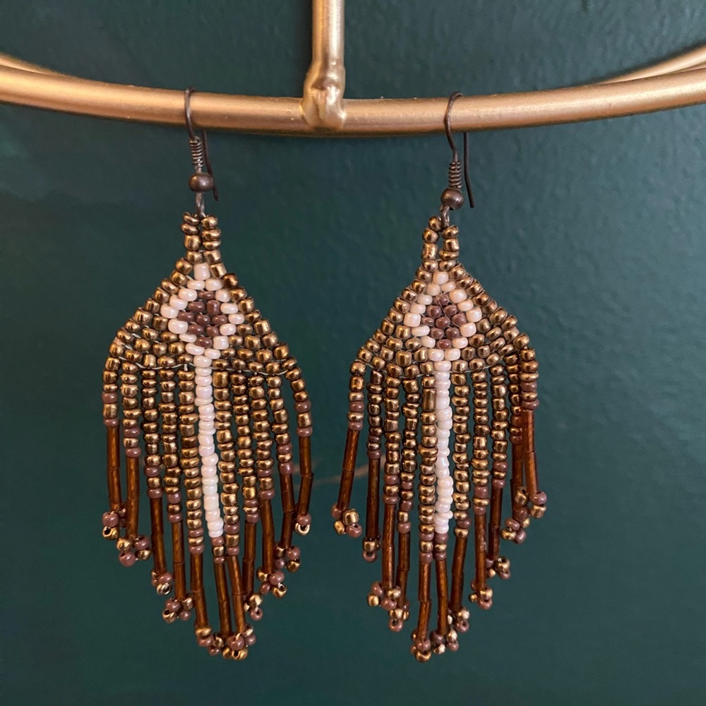 Chic Beaded Fringe Earrings in Gold and Brown